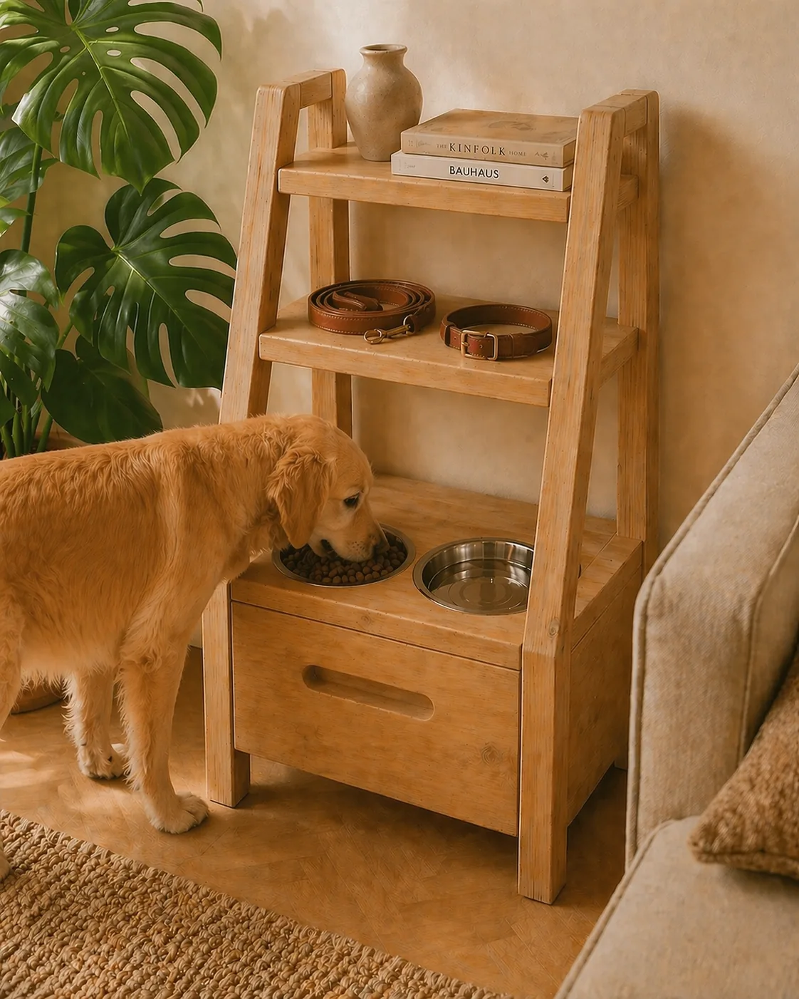 Golden retriever comiendo de los cuencos de 4Tony en un salón moderno