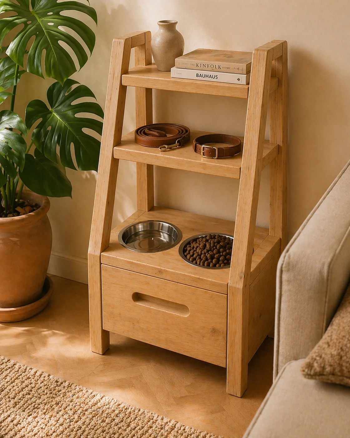 4Tony en un salón moderno con correa, libros y planta monstera